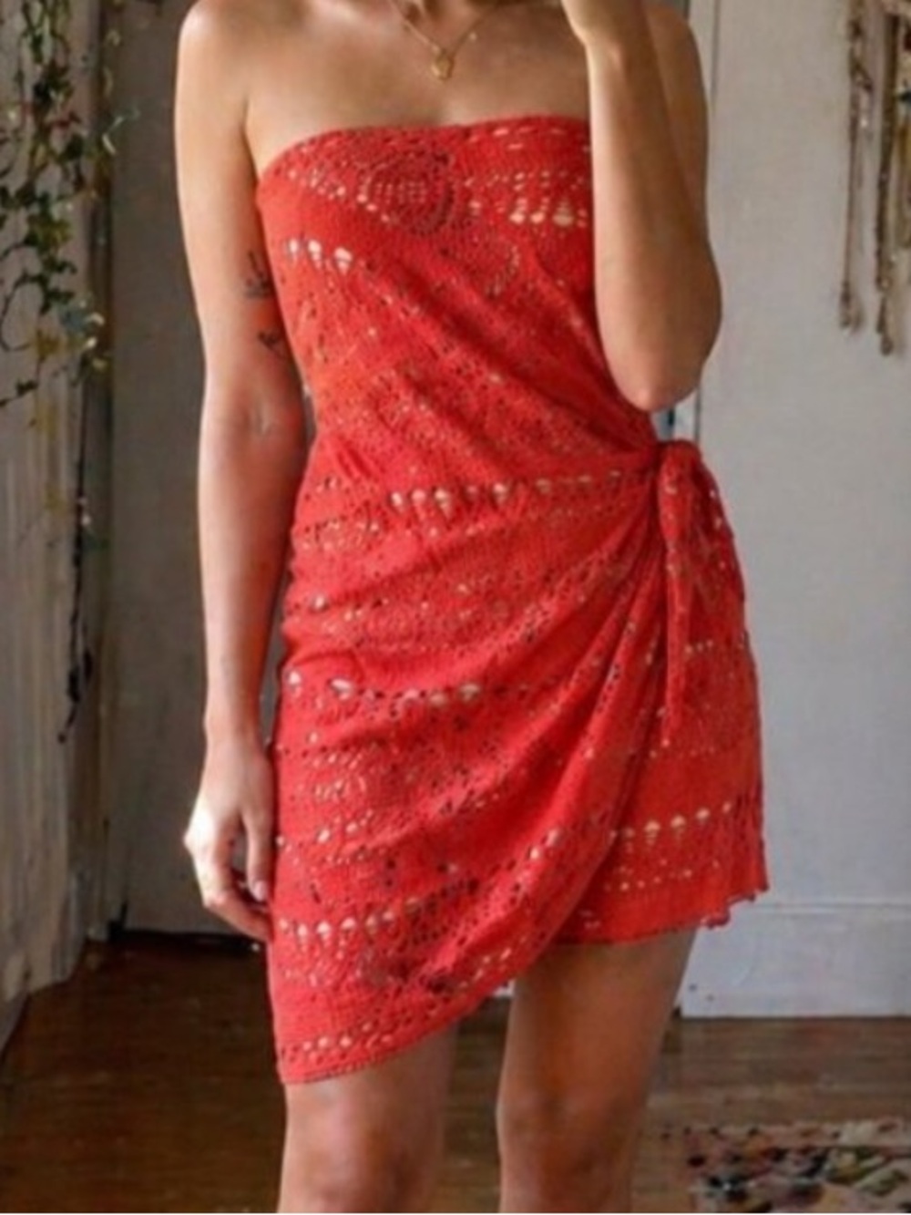 Free People Red Strapless Mini Dress Bodycon Lace S